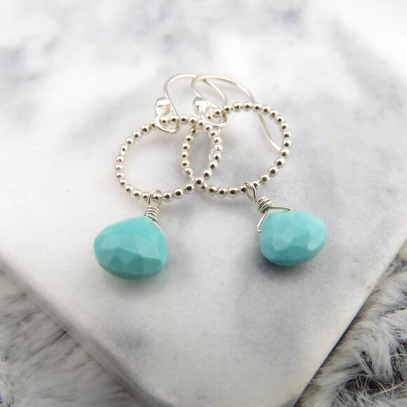Sleeping Beauty Turquoise Earrings with Beaded Hoops in 925 Sterling Silver - Picture 2 of 4